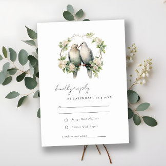 Elegant Love Birds Botanical Wreath Wedding RSVP Card