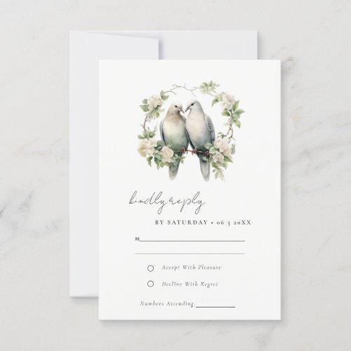 Elegant Love Birds Botanical Wreath Wedding RSVP Card