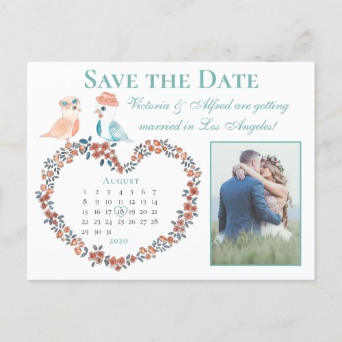 Elegant Love Birds Floral Photo Wedding Calendar Announcement Postcard