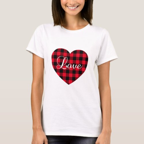 Elegant Love Black and Red Buffalo Plaid Heart T_Shirt