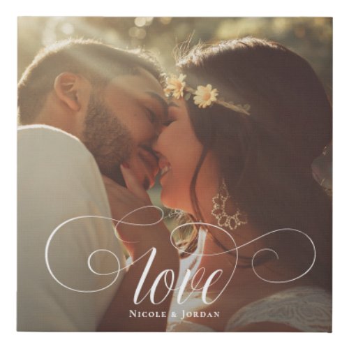 Elegant Love Calligraphy Couple Wedding Photo Faux Canvas Print