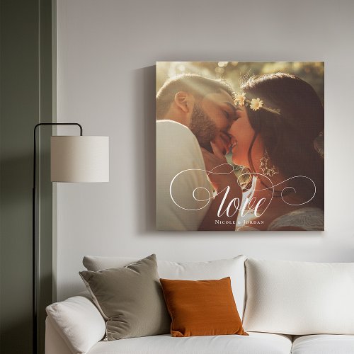 Elegant Love Calligraphy Couple Wedding Photo Faux Canvas Print