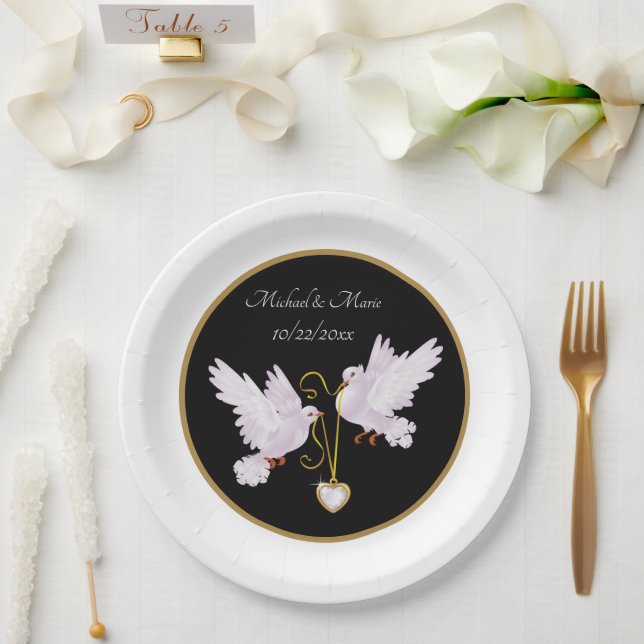 elegant love doves add name date Wedding Paper Pla Paper Plates (Wedding)