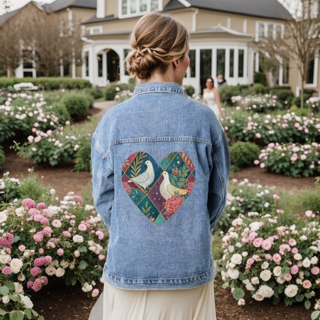 Elegant Love Doves Pink Floral & Gold Geometric Denim Jacket (Wedding Back)