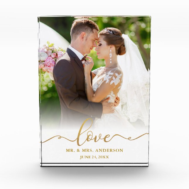 Elegant Love Gold Script Mr. and Mrs. Wedding Photo Block (Front)