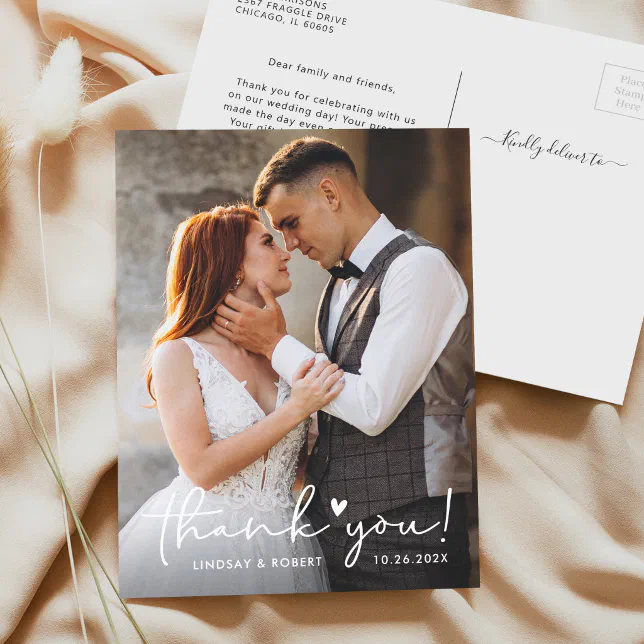 Elegant Love Heart Script Wedding Photo Thank You Postcard | Zazzle