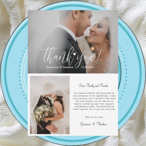 Elegant Love Heart Wedding Photo Chic Script Funny Thank You Card