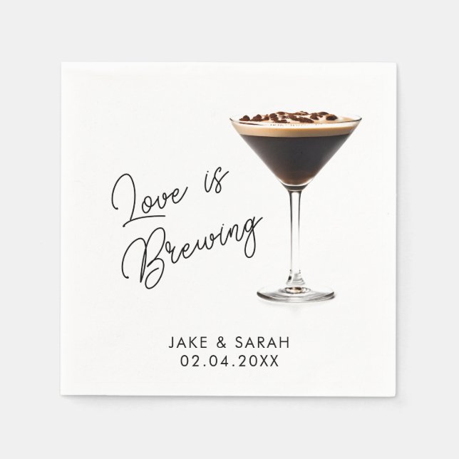 Elegant "Love is Brewing" Espresso Martini Theme Napkins (Front)