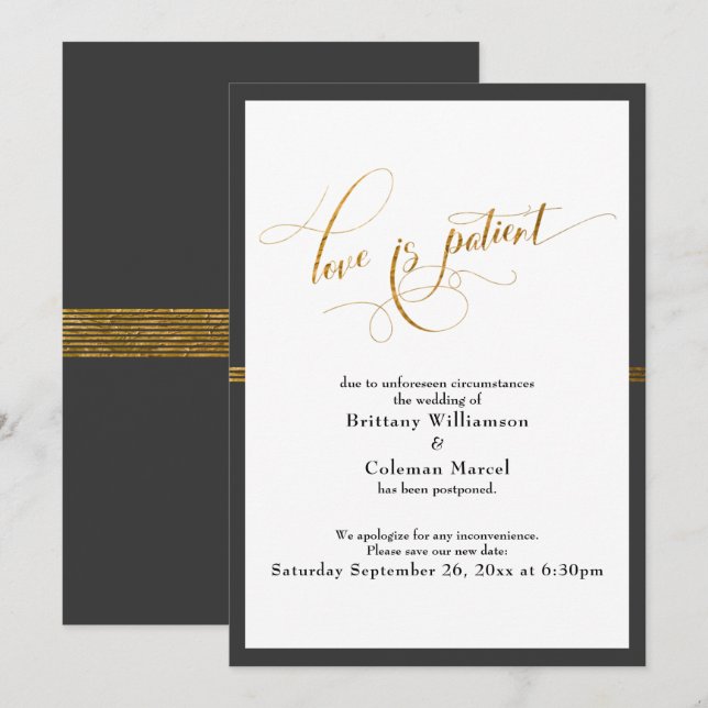 Elegant Love is Patient Dark Gray Gold Stripe Card (Front/Back)