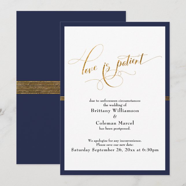 Elegant Love is Patient Navy & Gold Stripe Card (Front/Back)