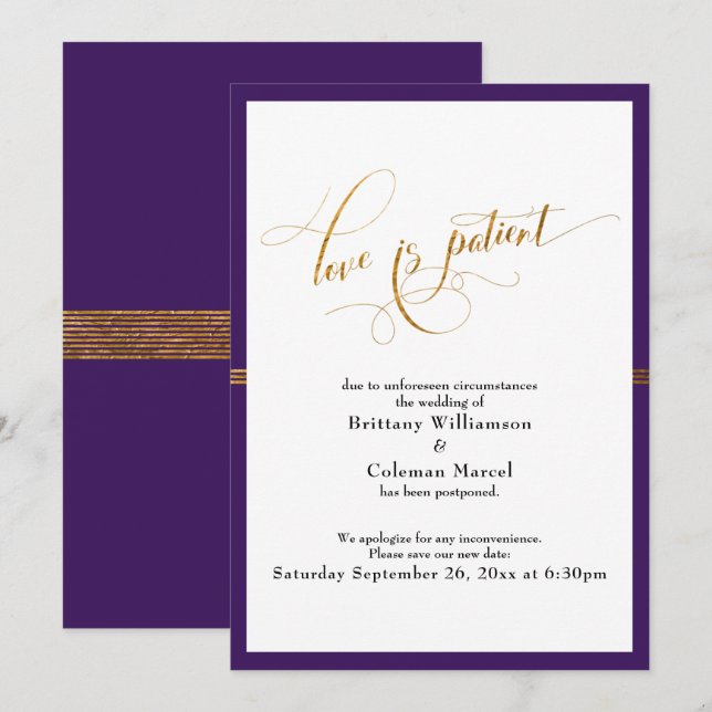 Elegant Love is Patient Purple & Gold Stripe Card (Front/Back)