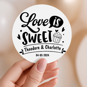 Elegant Love Is Sweet Calligraphy Heart Wedding Classic Round Sticker