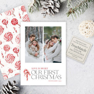 Elegant Love Is Sweet First Christmas Red 2 Photo Holiday Card