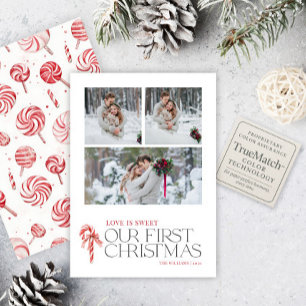 Elegant Love Is Sweet First Christmas Red 3 Photo Holiday Card