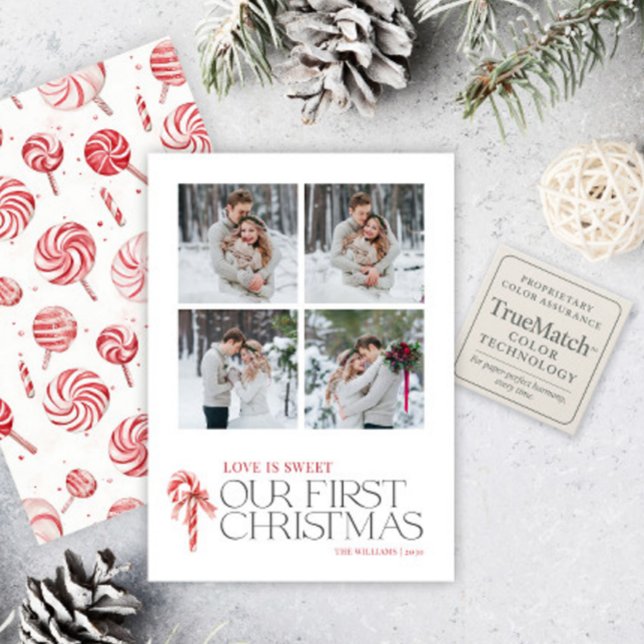 Elegant Love Is Sweet First Christmas Red 4 Photo Holiday Card (Creator Uploaded)