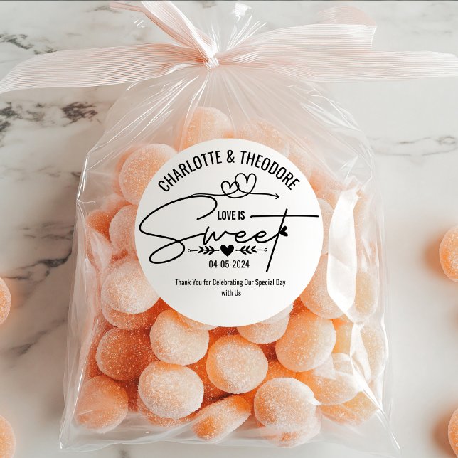 Elegant Love Is Sweet Heart Calligraphy Wedding  Classic Round Sticker (love is sweet wedding stickers elegant thank you script calligraphy engagement party modern for her)