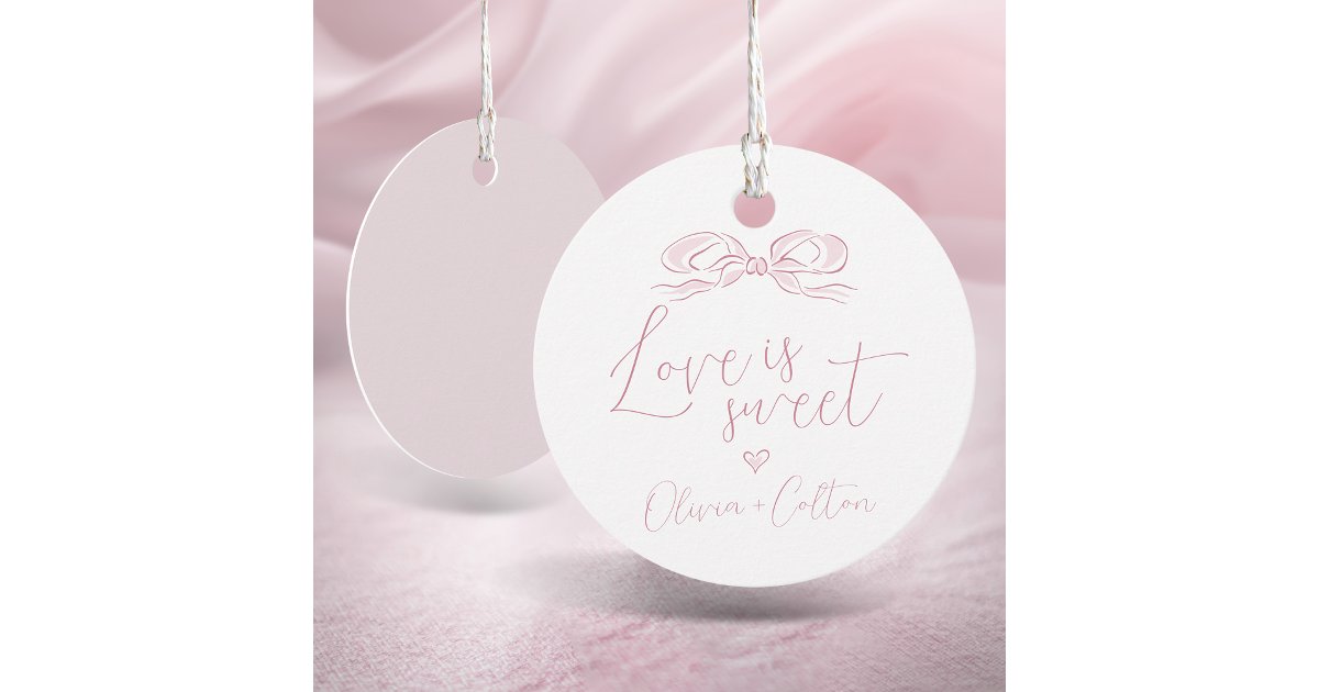 Elegant Love Is Sweet Pink Bow Bridal Shower Favor Tags | Zazzle