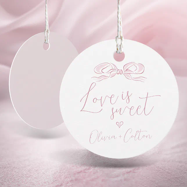 Elegant Love Is Sweet Pink Bow Bridal Shower Favor Tags | Zazzle