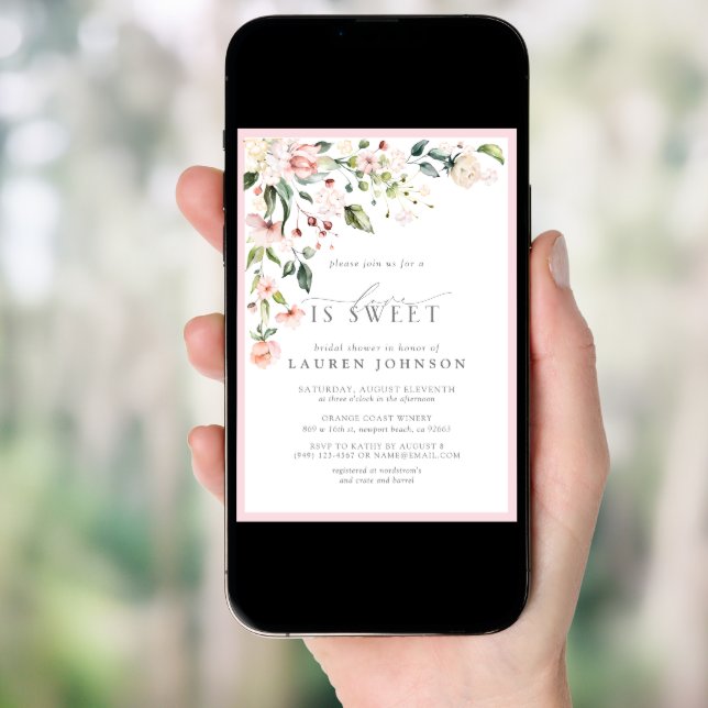Elegant Love Is Sweet Pink Floral Bridal Shower  Invitation (Front Digital)