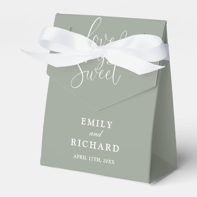Elegant Love Is Sweet Sage Green Wedding Favor Boxes (Front Side)
