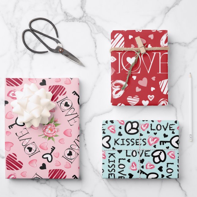 Elegant Love Kisses Key Peony Pink Hearts Wrapping Paper Sheets (Front)