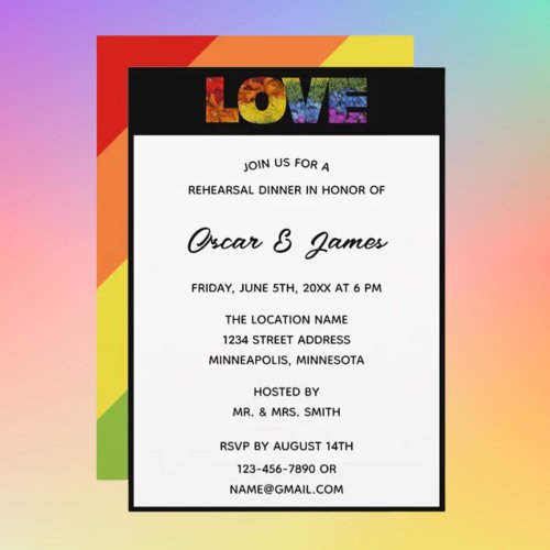 Elegant LOVE letters Pride themed LOVE Rehearsal Invitation