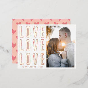 Elegant Love Love Love Valentine's Family Photo Foil Holiday Postcard