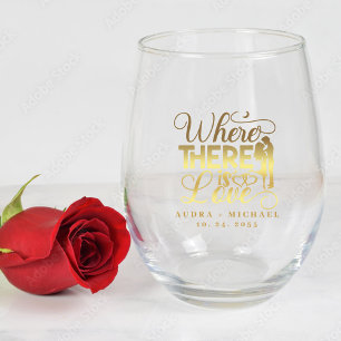 Elegant Love Quote Gold Calligraphy Wedding  Stemless Wine Glass