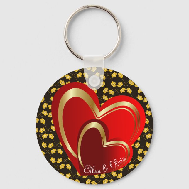 Elegant Love Red Hearts Personalized Wedding  Keychain (Front)