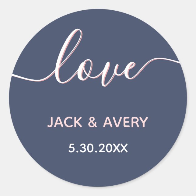 Elegant Love Script Navy & Blush Wedding Date Classic Round Sticker (Front)
