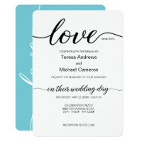 Elegant Love script teal black and white Invitation