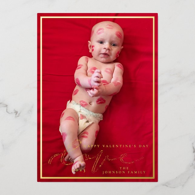 Elegant Love Script Valentine’s Day Family Photo Foil Holiday Card (Front)