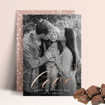 Elegant Love Script Valentine's Day Photo Foil Holiday Card<br><div class="desc">Elegant Valentine's Day card featuring your vertical photo with "Love" displayed in a rose gold foil calligraphy script. Personalize the photo Valentine's Day card with your custom greeting and family name. The foil Valentine's day card reverses to display a rose-beige and white heart pattern.</div>