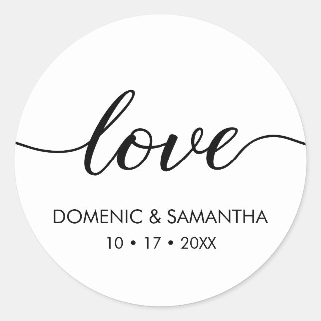Elegant Love script Wedding Classic Round Sticker (Front)