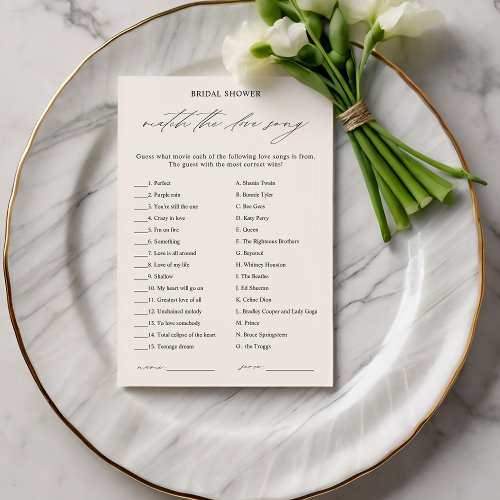Elegant Love Song Match Bridal Shower Game Card