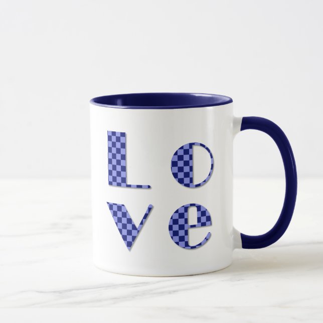 Elegant LOVE Square in Blue Checkered Lettering Mug (Right)