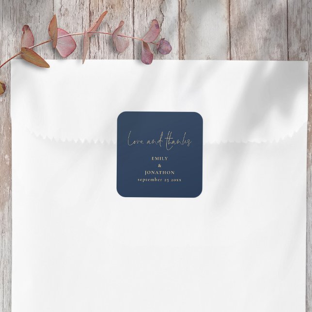 Elegant Love Thanks Script Navy Gold Wedding Square Sticker (Creator Uploaded)