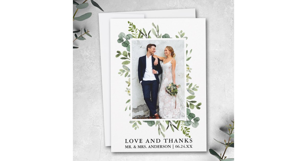 Elegant Love Thanks Watercolor Eucalyptus Greenery Thank You Card | Zazzle