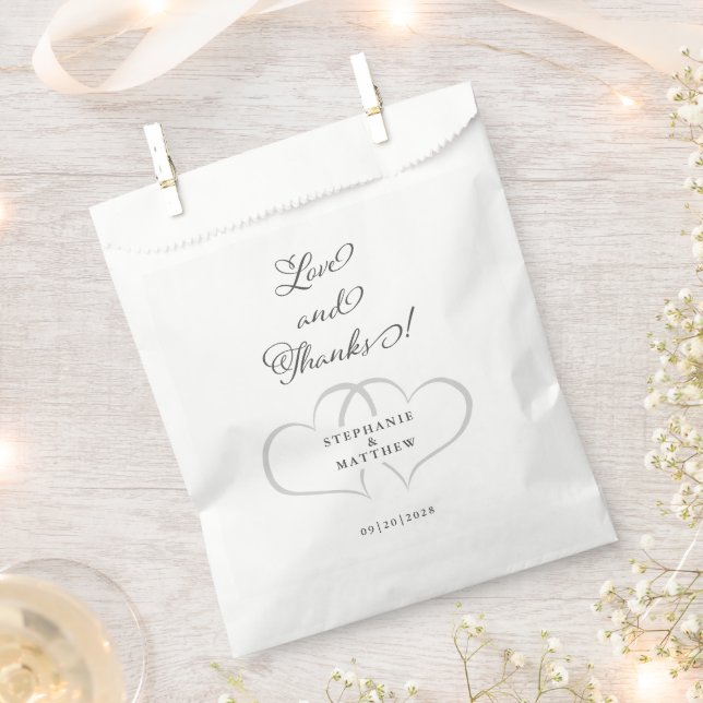 Elegant Love & Thanks Wedding Hearts Chic Gray Favor Bag (Clipped)
