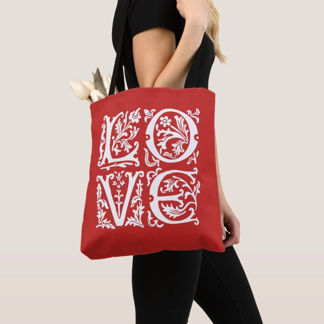 Elegant Love White on Red Word Art Tote Bag (Close Up)