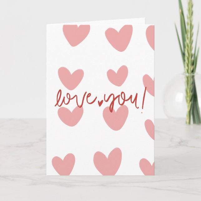 Elegant "Love You" Pink Hearts Greeting Card – Val (Front)