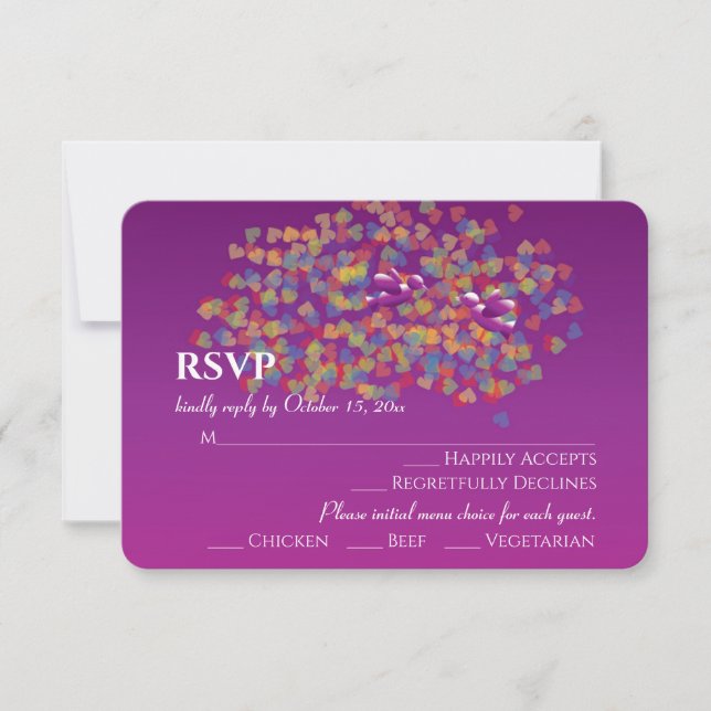 Elegant Lovebirds Cassis Purple Wedding Reply Card (Front)