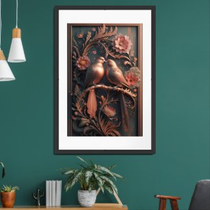 Elegant Lovebirds in Bronze 4K Detailed 3D Digital Framed Art
