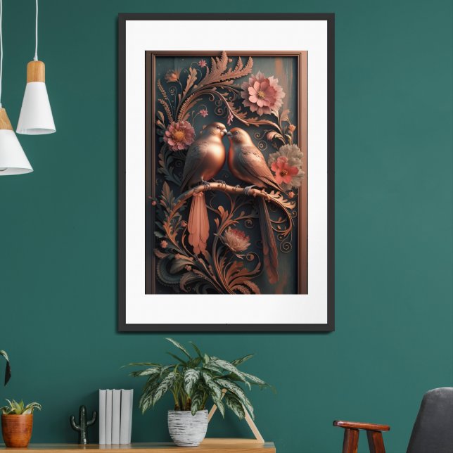 Elegant Lovebirds in Bronze 4K Detailed 3D Digital Framed Art (Living Room 2)