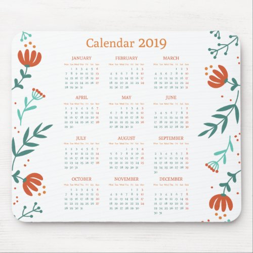 Elegant Lovely Floral 2019 Calendar  Mousepad