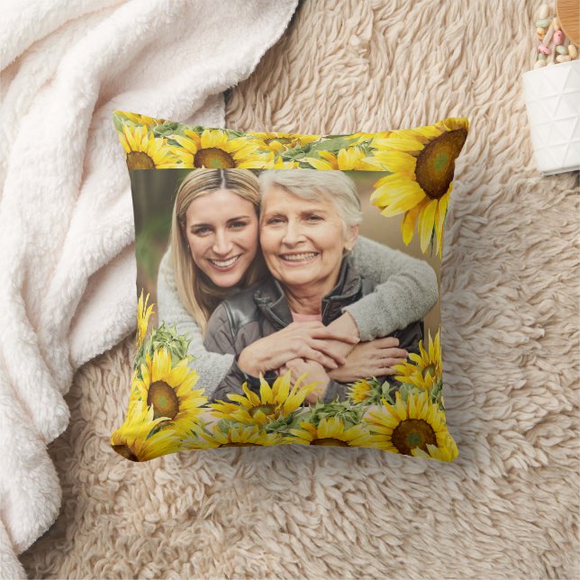 Elegant Lovely Rustic Sunflower Personalized Photo Throw Pillow (Blanket)