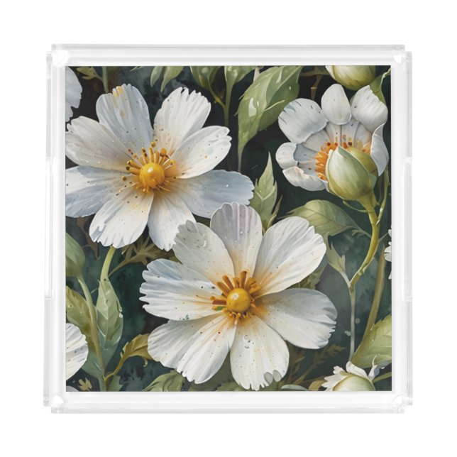 Elegant Lovely White Flowers Watercolor Chic Acrylic Tray (Front)