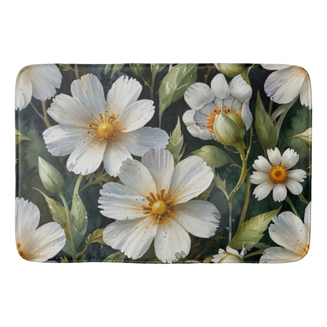 Elegant Lovely White Flowers Watercolor Chic Bath Mat (Front)