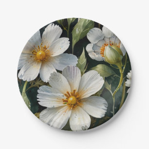 Elegant Lovely White Flowers Watercolor Chic Paper Plates