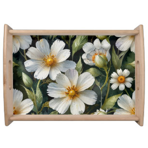 Elegant Lovely White Flowers Watercolor Chic Serving Tray
